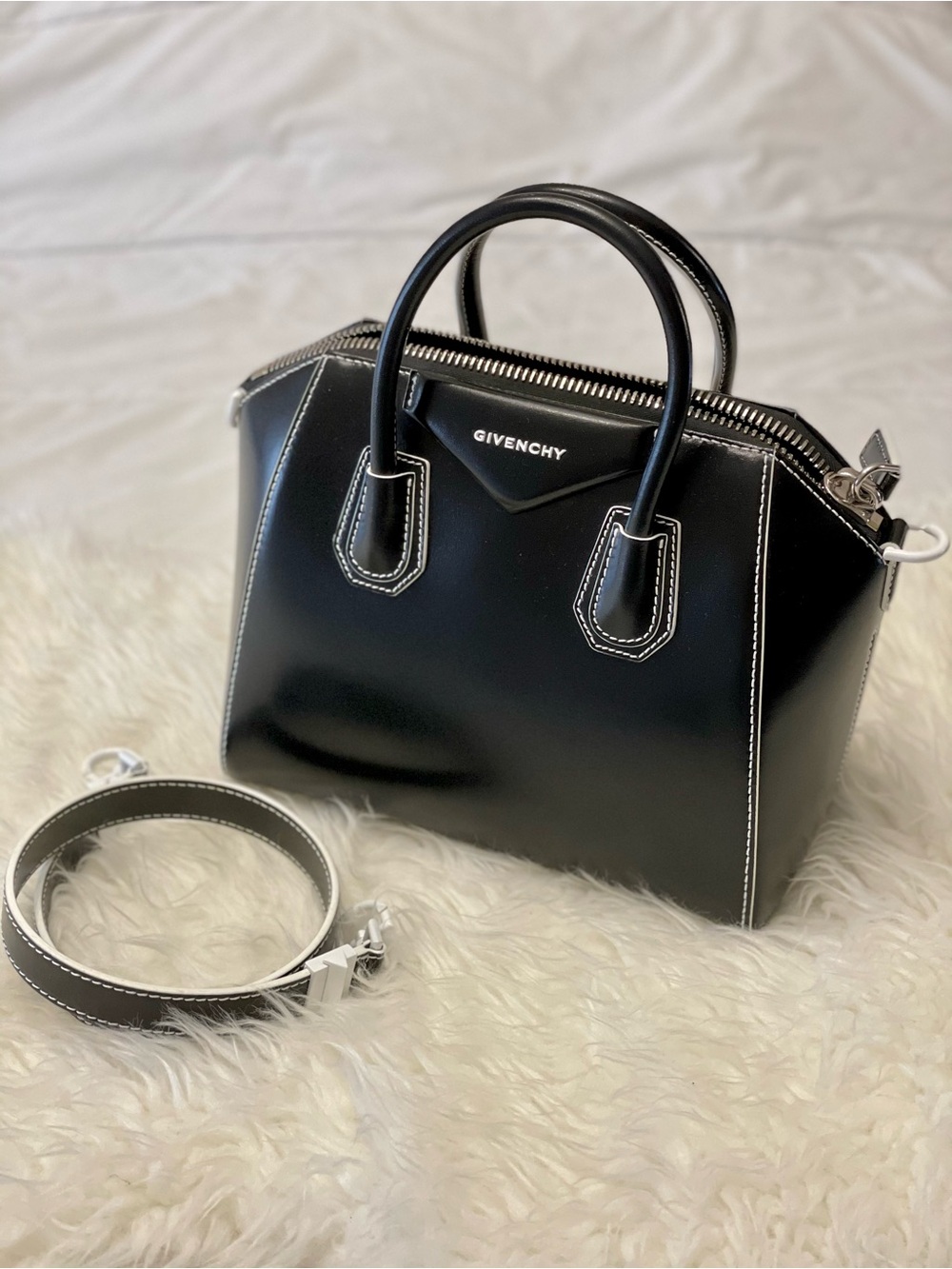 Givenchy Black Leather Top-Handle Satchel with Contrast Stitching